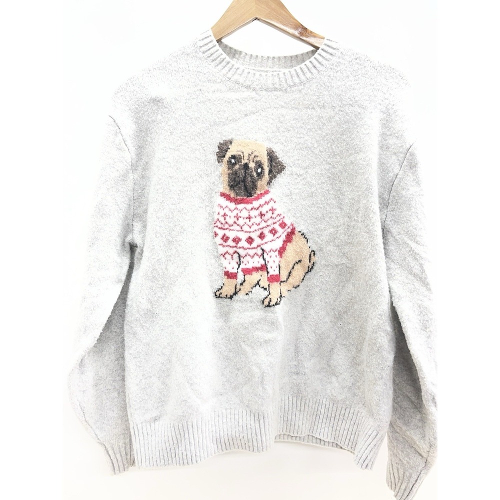 Hollister Women's Grey Sweater With‎ Pug Design Sz Xs